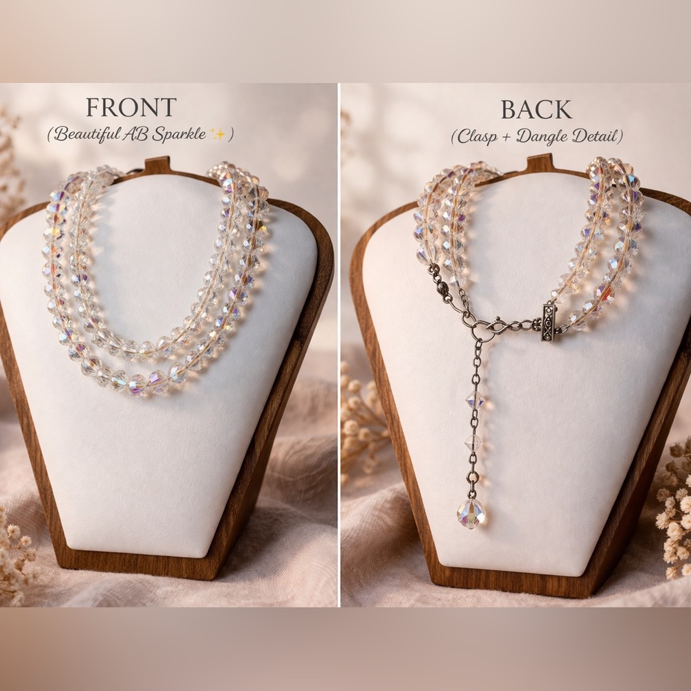 Vintage AB Crystal Double Strand Necklace Aurora Borealis Drop